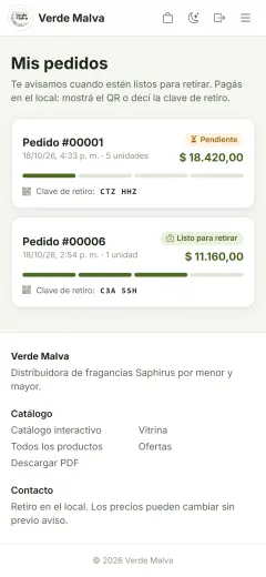 Mis pedidos de Verde Malva en el celular, con datos de ejemplo